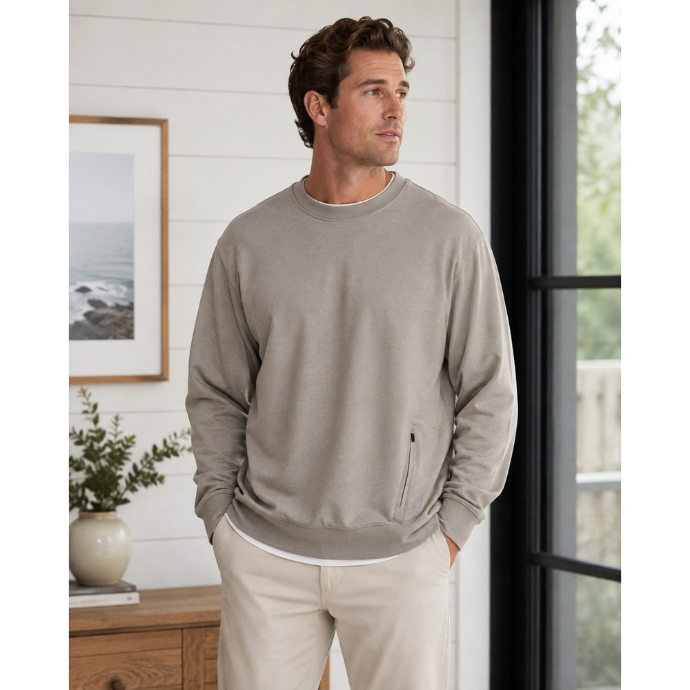 Vuori Ponto Performance Crewneck 3XL Taupe Gray Pullover Sweatshirt Zip Pocket
